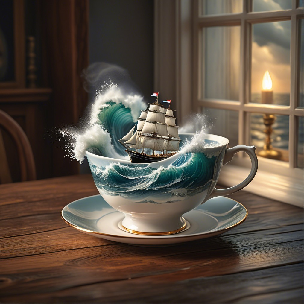 Porcelain Teacup with Surreal Ocean Wave and Ship