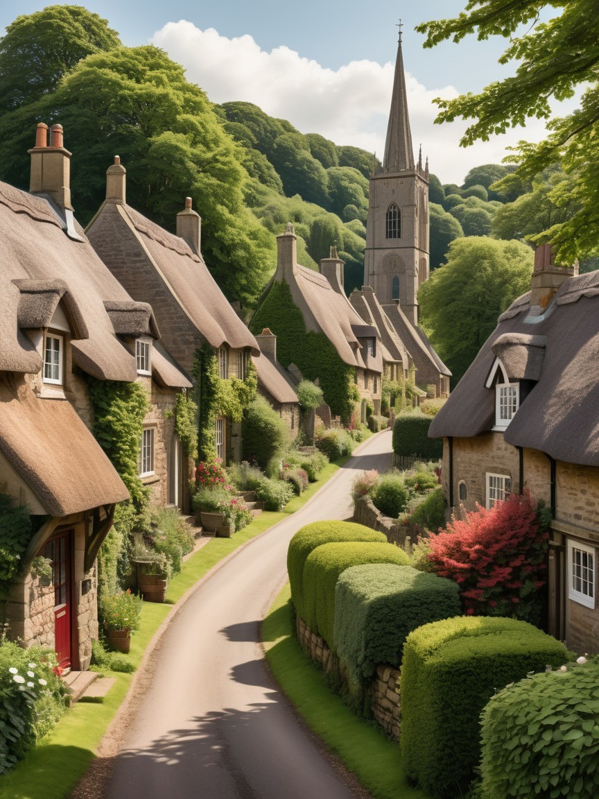 Scenic English Countryside Village with Cottages and Hills