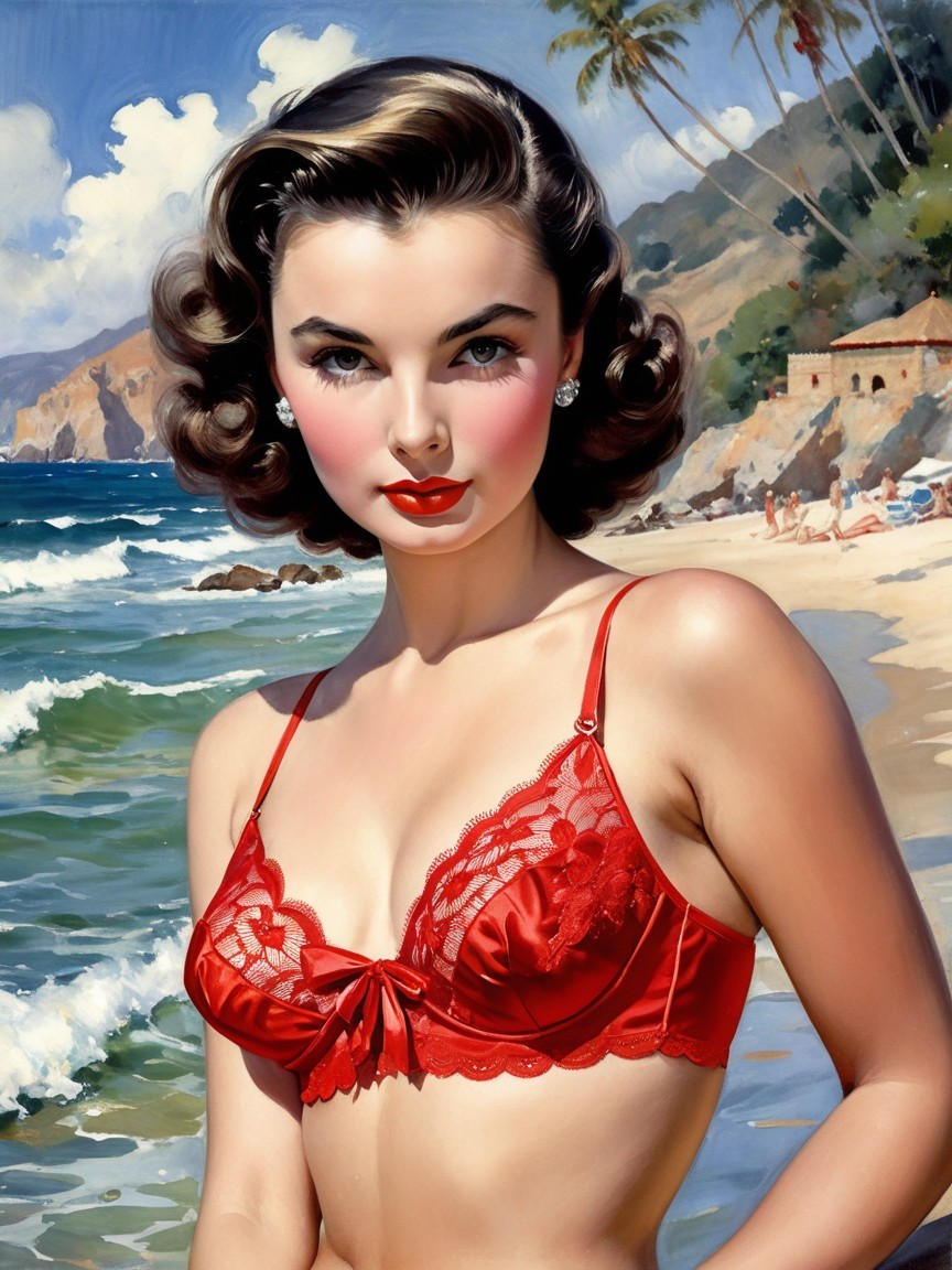 Vintage Illustration of Woman on Beach with Palm Trees