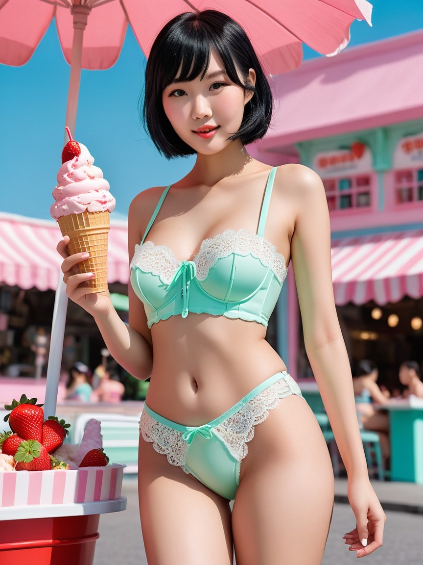 Young woman in mint green outfit with ice cream cone