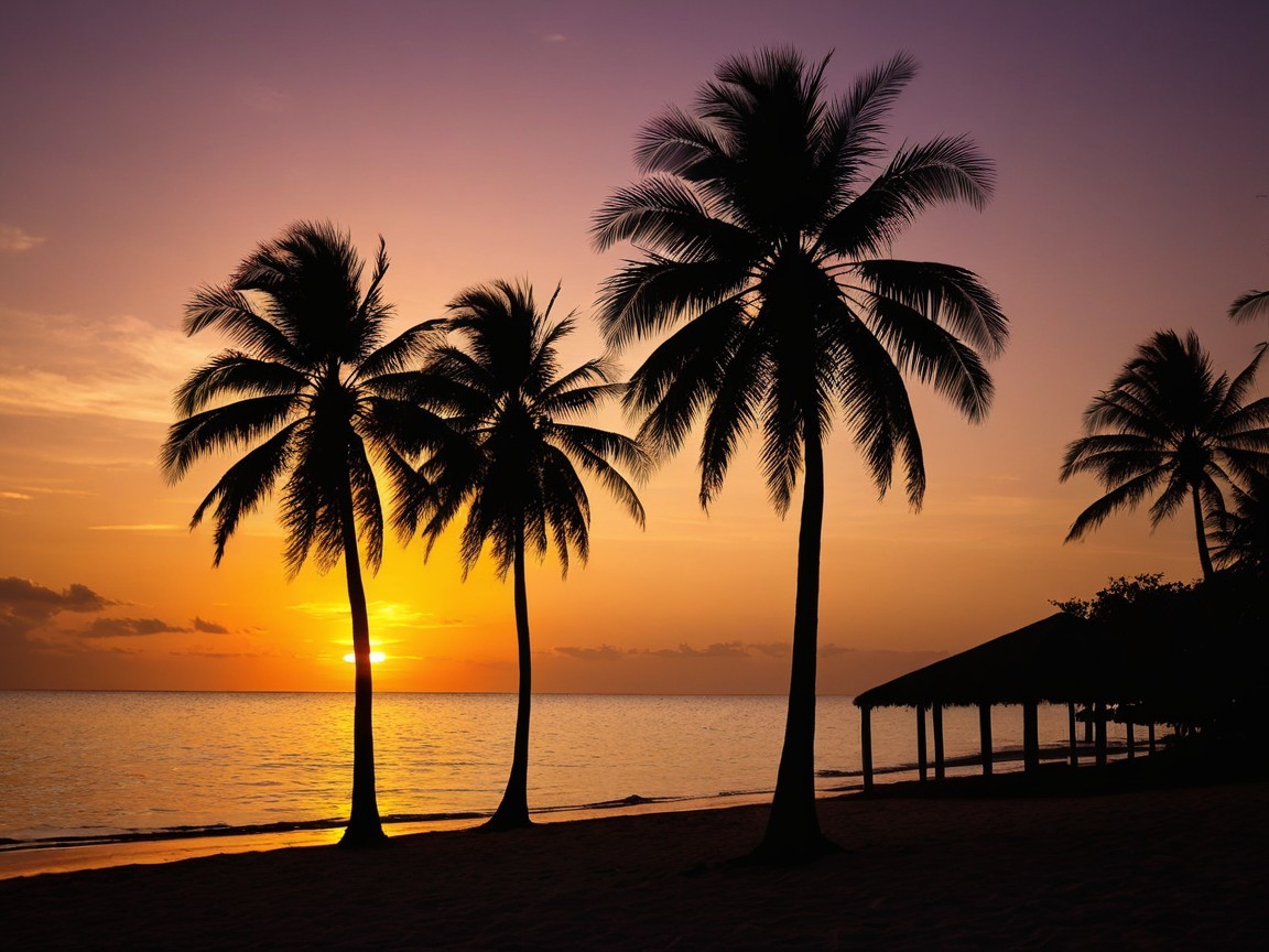 Vibrant Sunset Over Tranquil Beach with Palm Trees