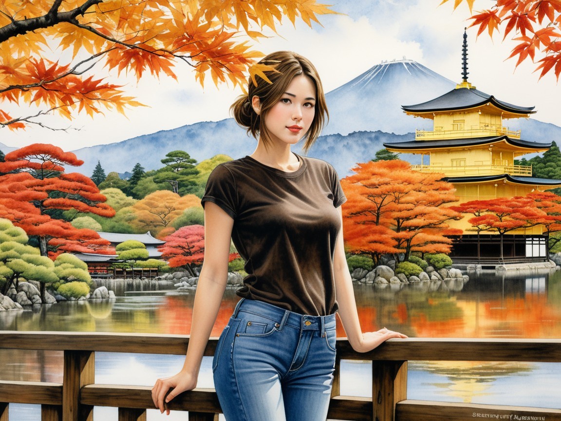 Young Woman by Lake with Autumn Foliage and Temple