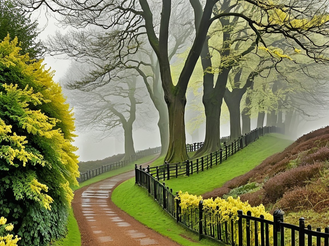 Serene Winding Path in a Lush Foggy Landscape