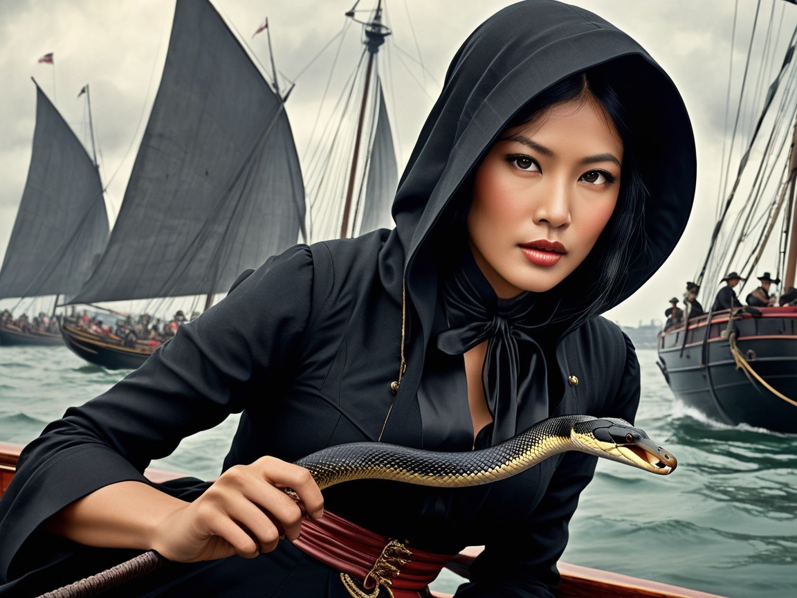 Mysterious Woman in Cloak on Boat with Serpent