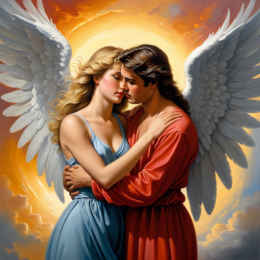 Celestial Scene of Angel and Mortal Embracing