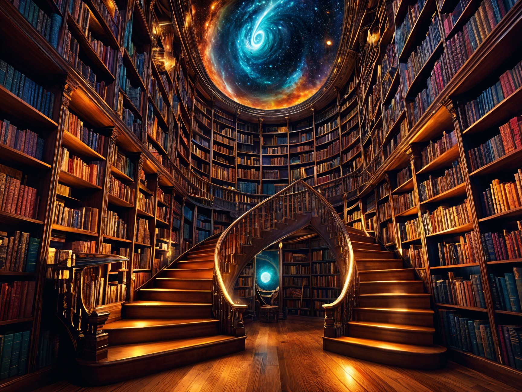 Grand Circular Library with Spiral Staircase and Galaxy Ceiling