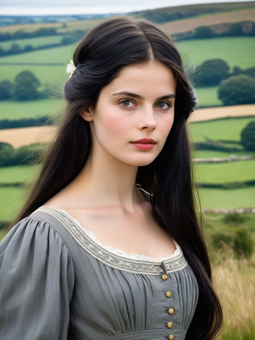 Young woman in gray dress against green hills