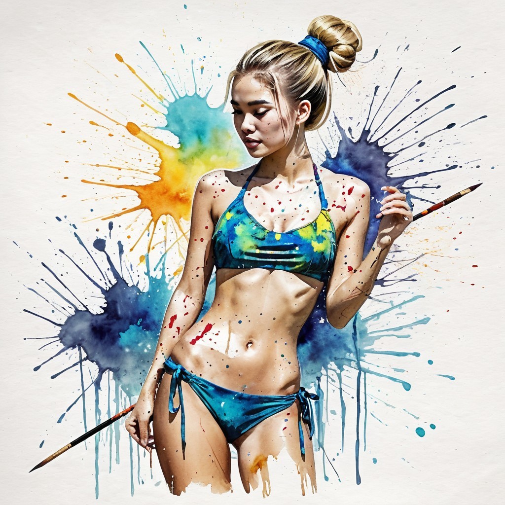 Young Woman in Bikini Surrounded by Colorful Splashes
