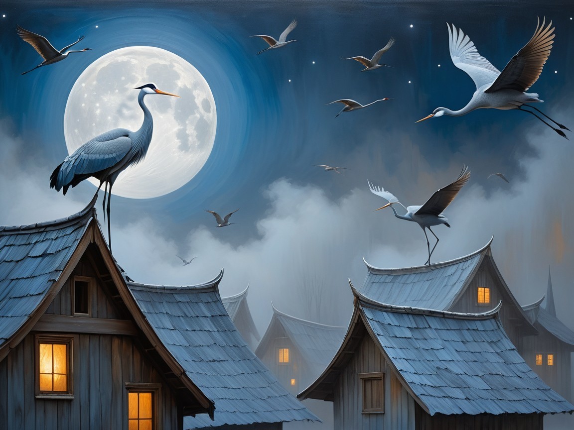 Cranes at Night Under Moonlit Sky and Wooden Houses