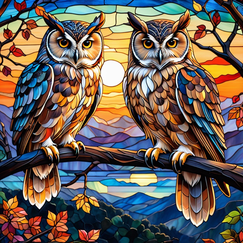 Intricate Owls on Branch with Stained-Glass Sunset