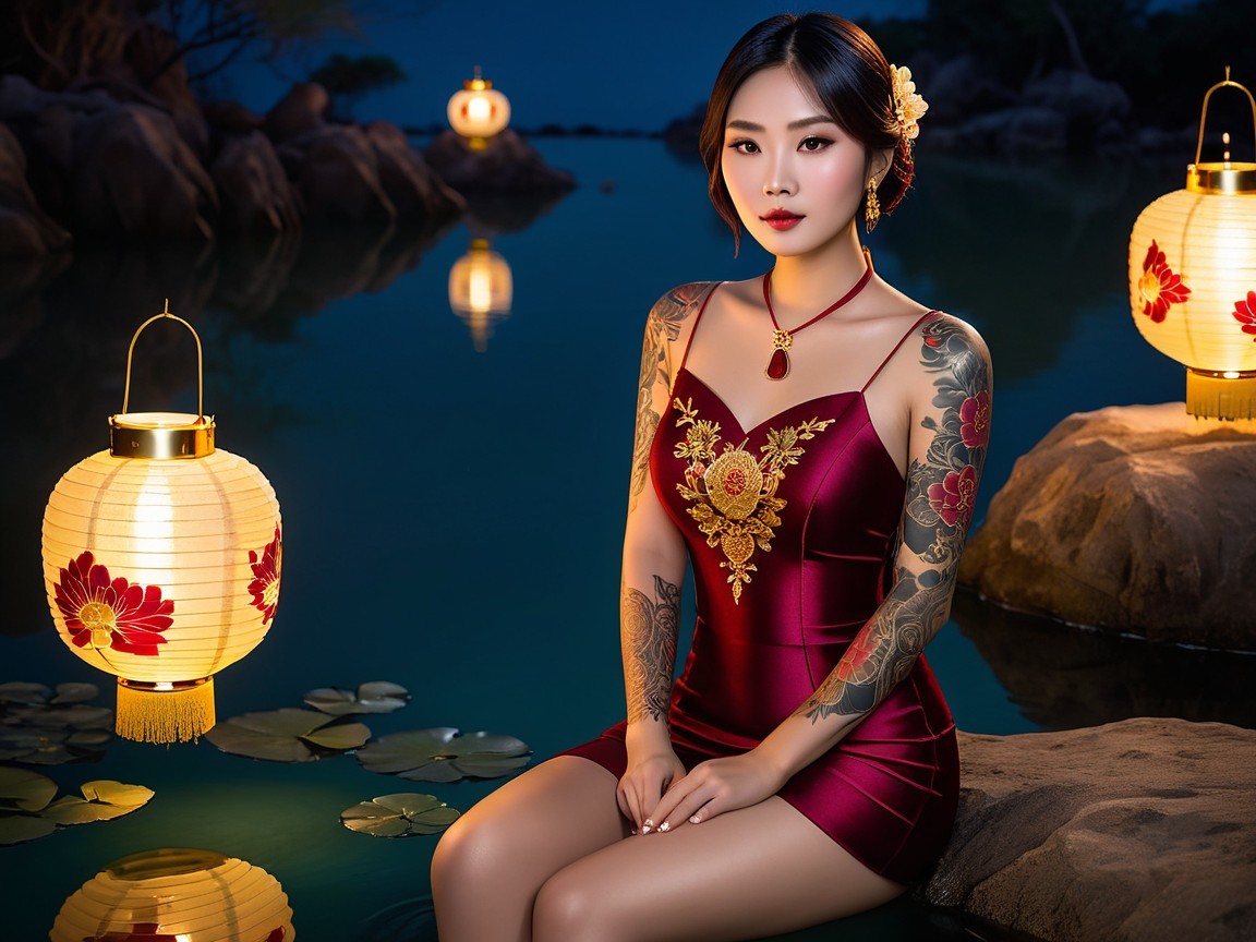 Woman in red cheongsam by serene water at night