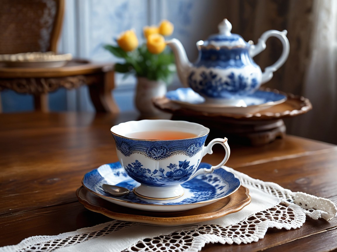 Ornate Blue and White Tea Set with Floral Patterns