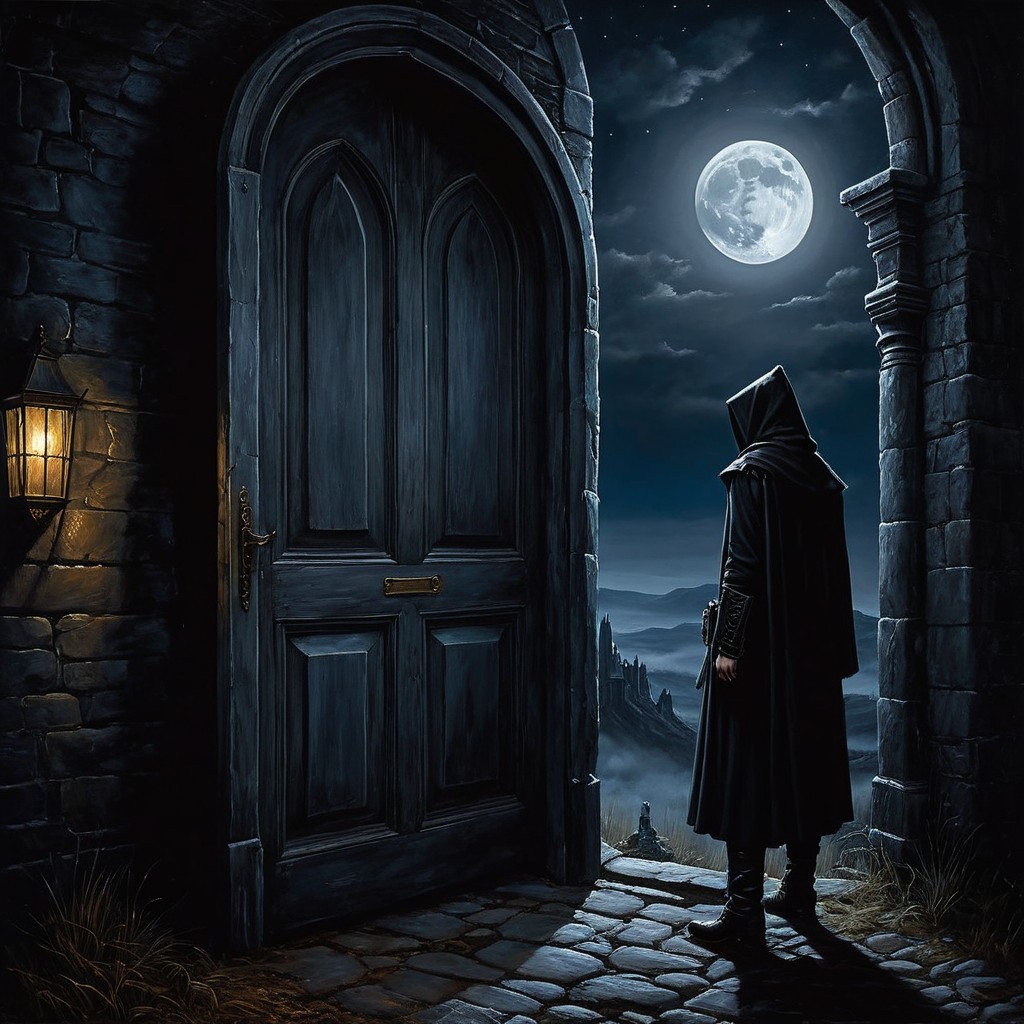 Cloaked Figure at Ancient Stone Doorway in Moonlight