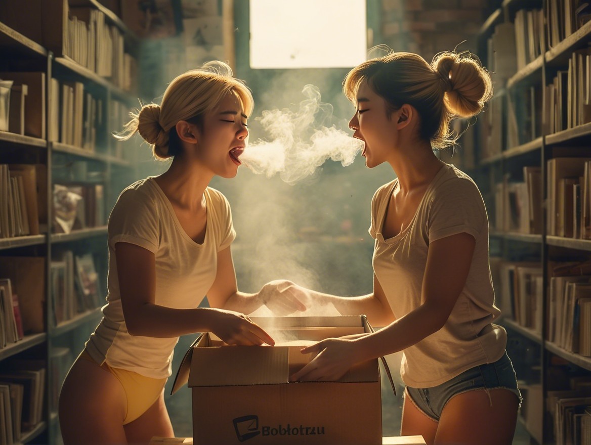 Cozy Library Scene with Two Young Women Interacting