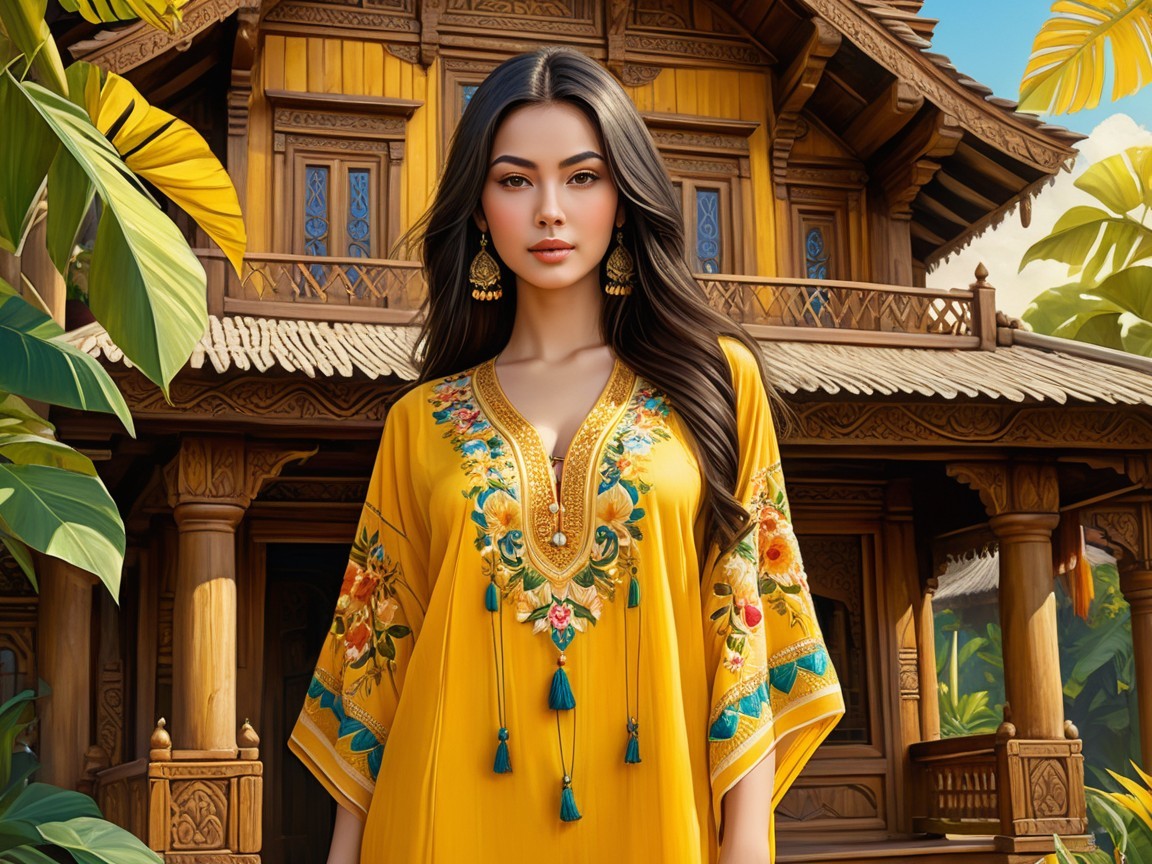 Woman in Yellow Traditional Outfit with Scenic Background