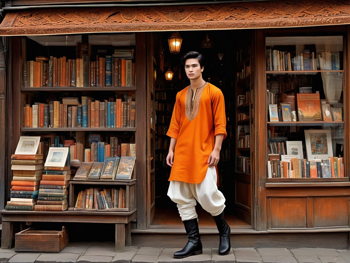 Young man in kurta outside vintage bookstore
