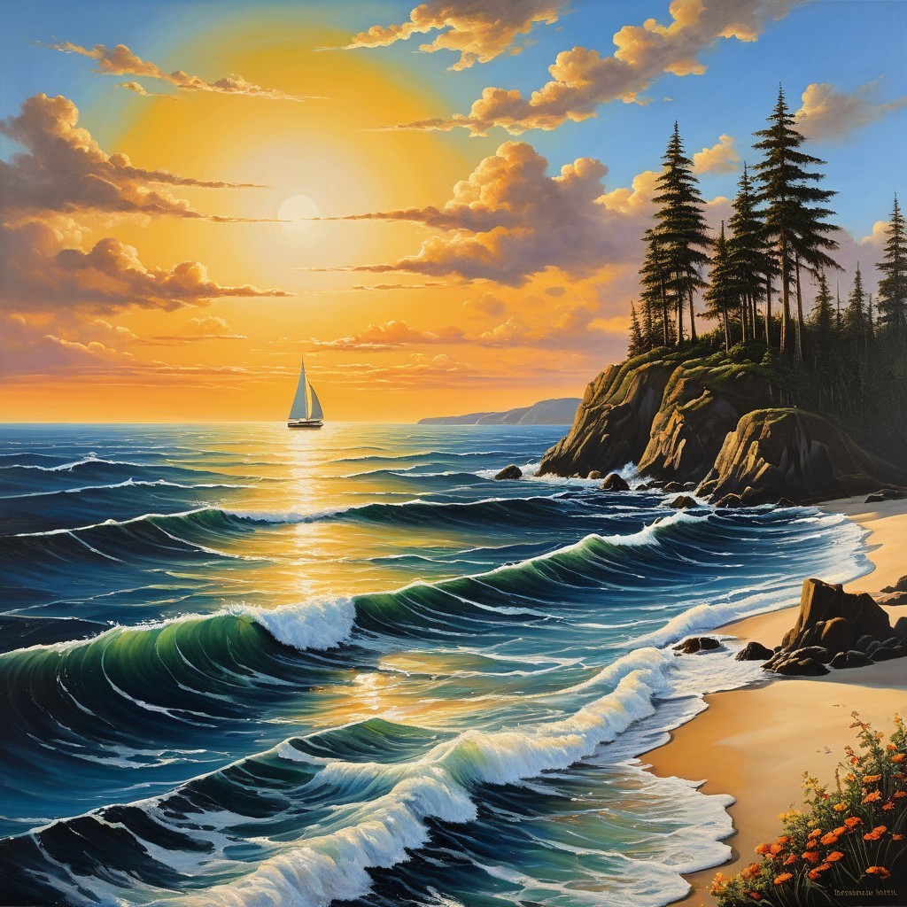 Coastal Sunset Scene with Sailboat and Pine Trees