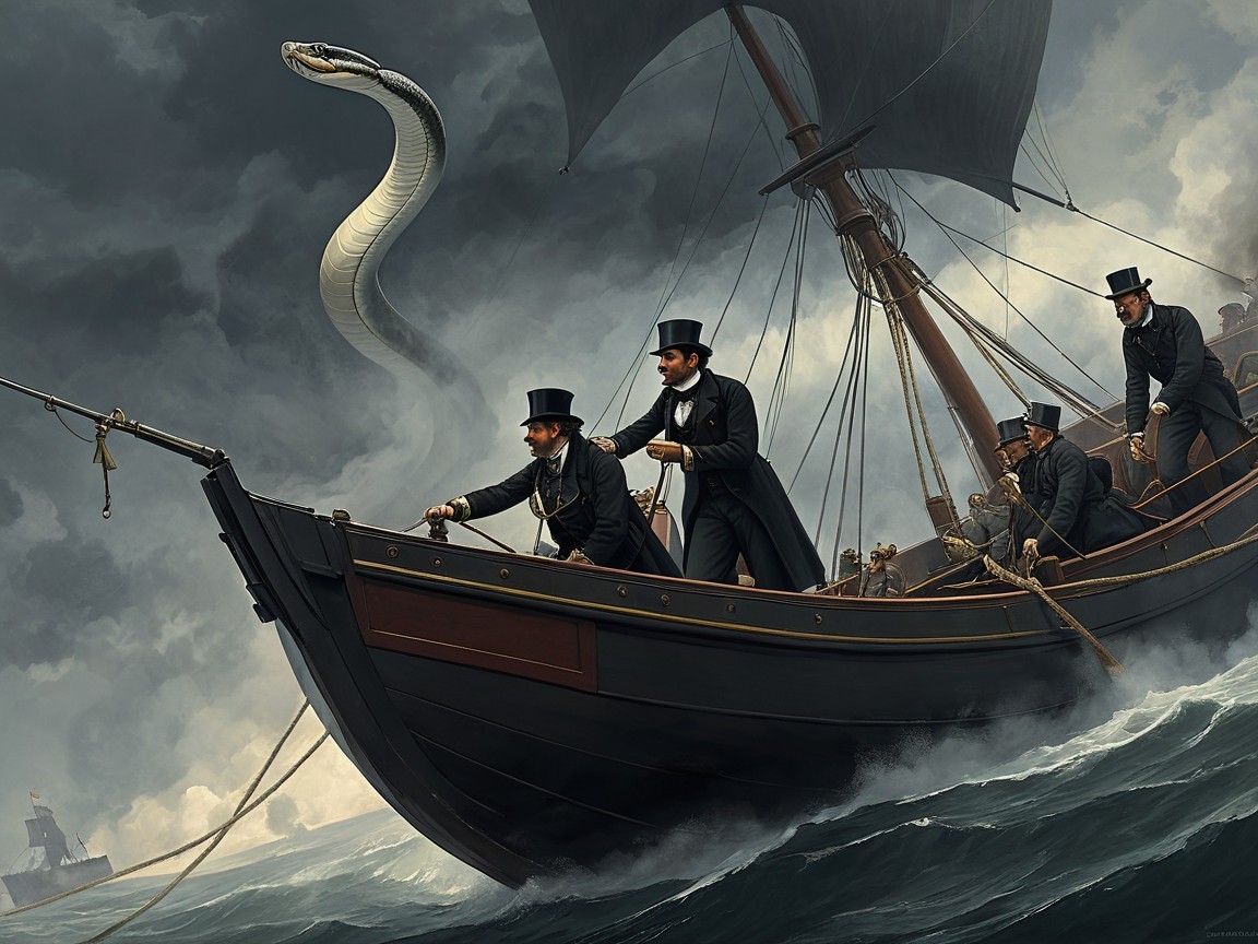 Dramatic Ship Scene with Mythical Serpent and Stormy Seas