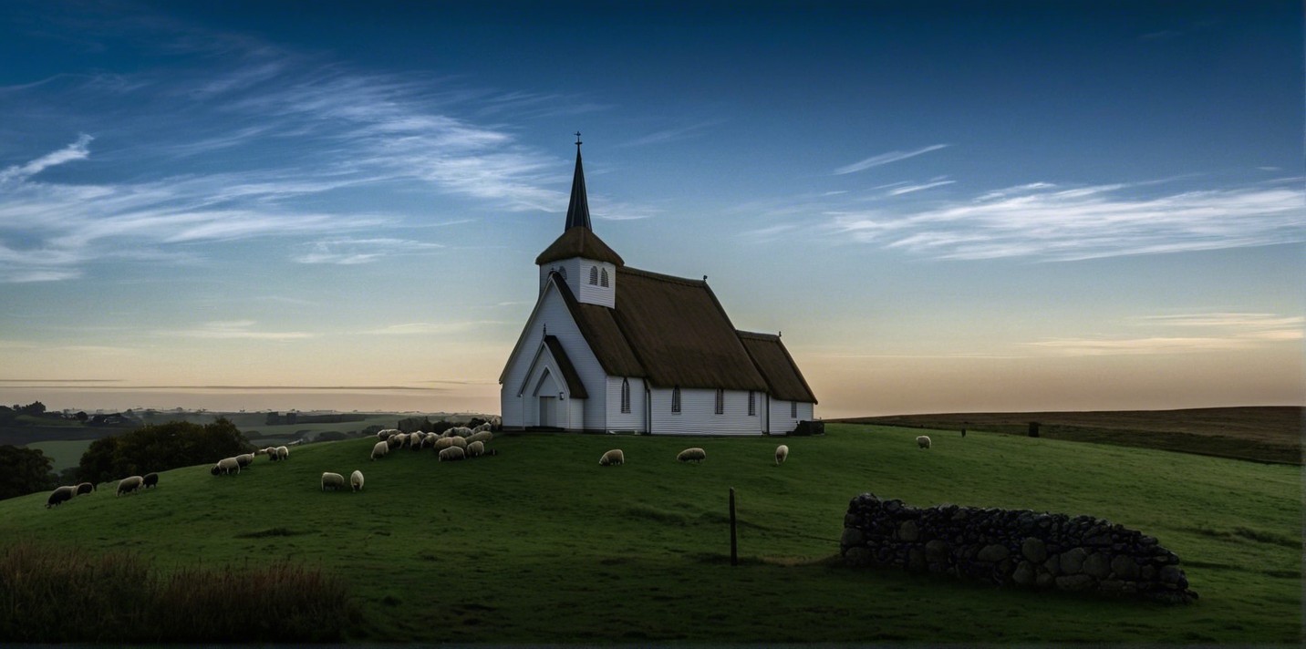 White Church on a Hill with Grazing Sheep at Sunset