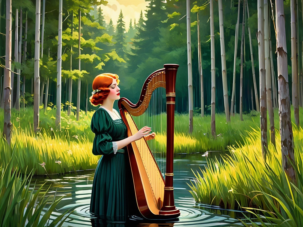 Woman in Green Dress Playing Harp in Forest Pond