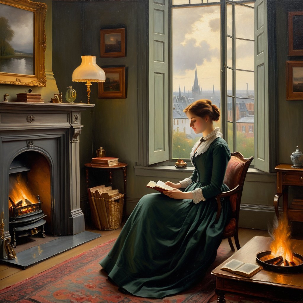 Oil Painting of Woman Reading by Window in Cozy Room