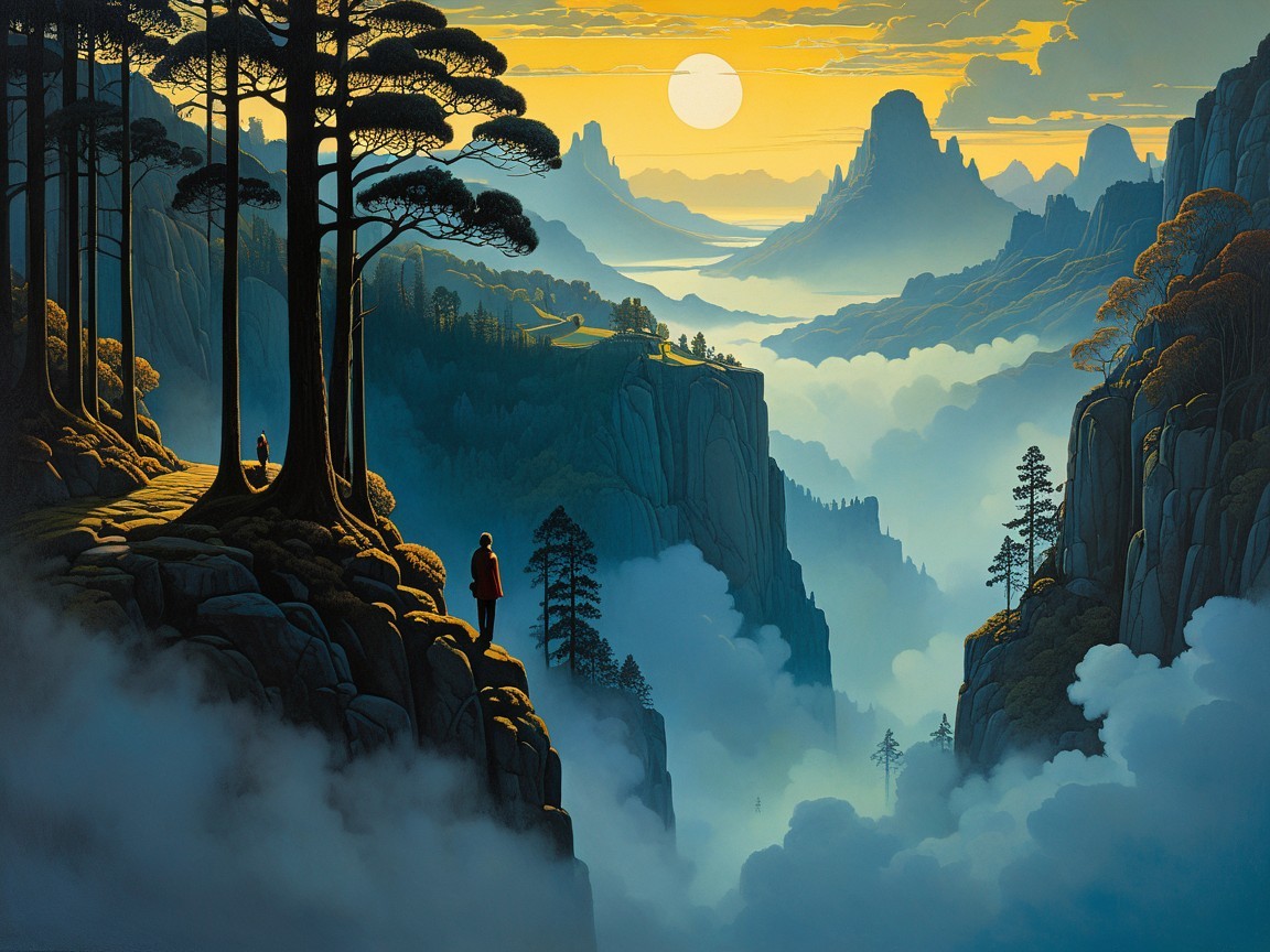 Man in Red Jacket Overlooks Foggy Mountain Landscape