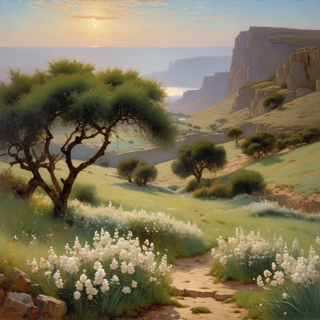 Serene Landscape with Hills, Cliffs, and Water