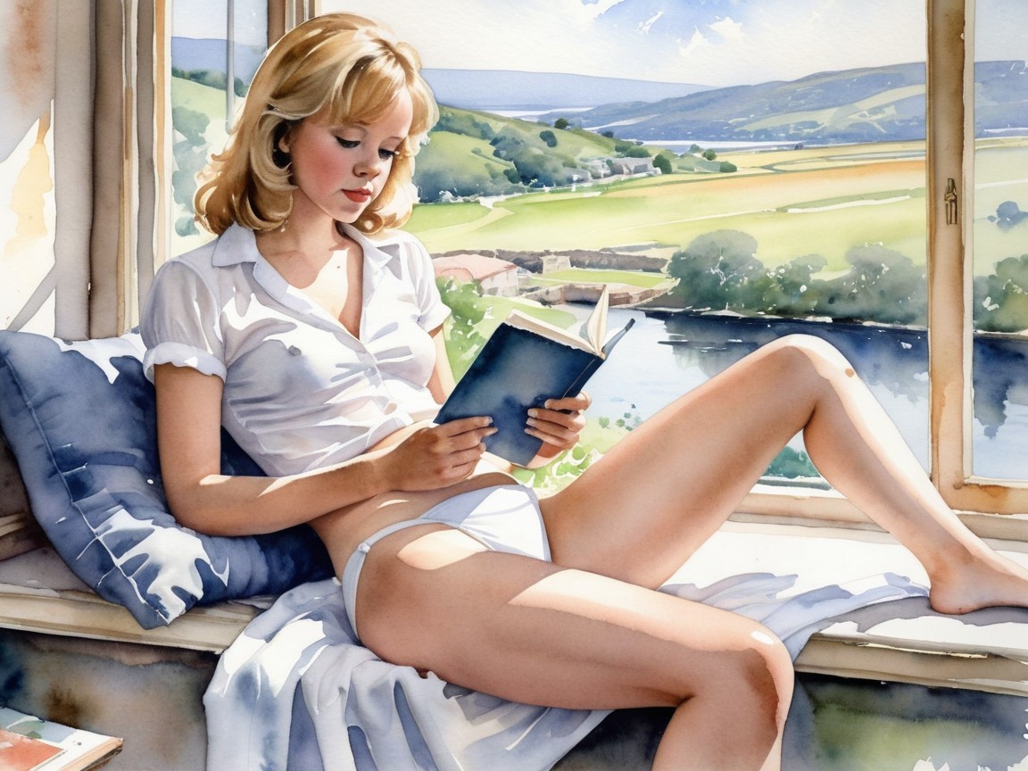 Young woman reading by a window with serene landscape