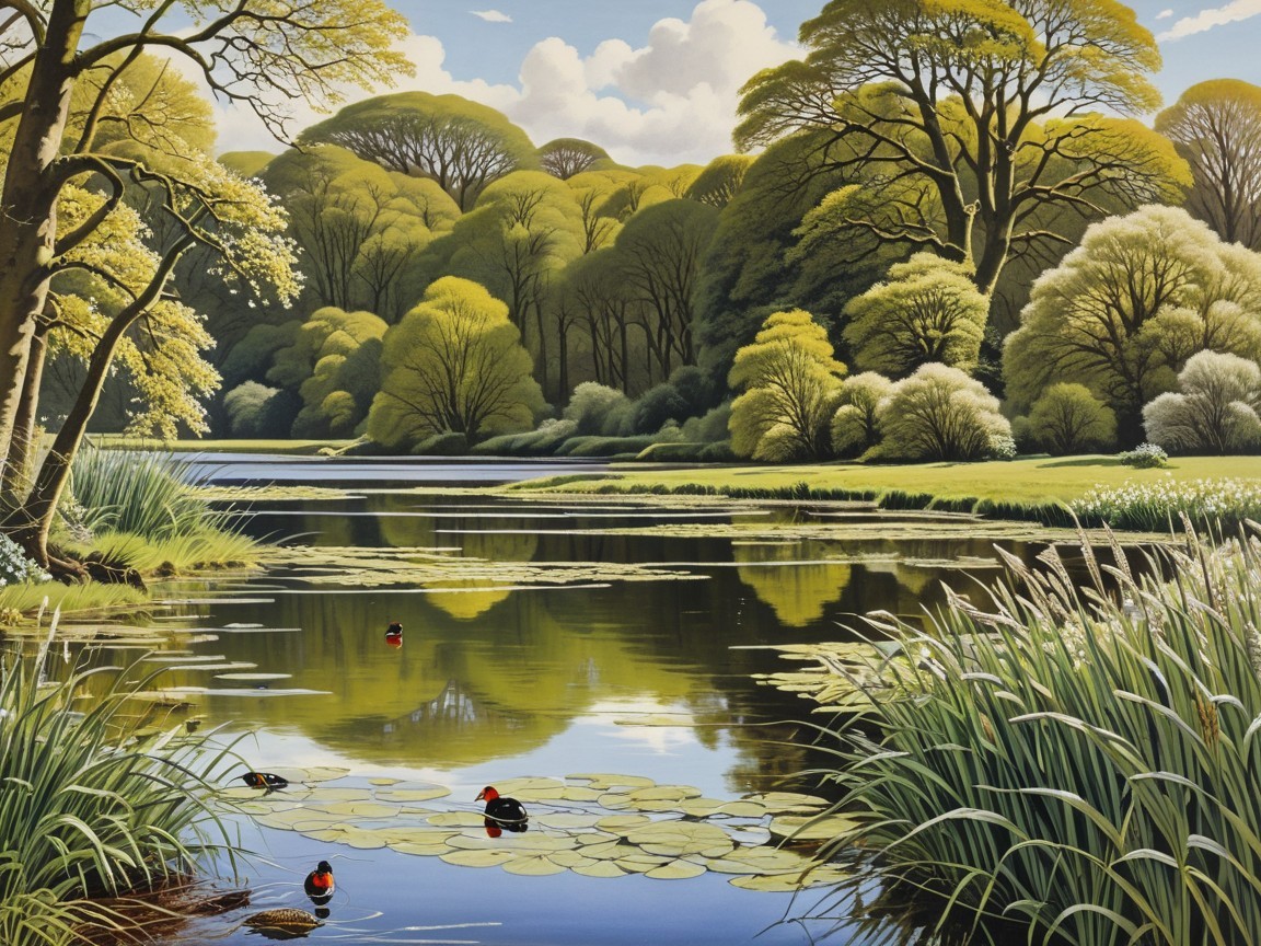 Tranquil Lake Surrounded by Lush Greenery and Trees