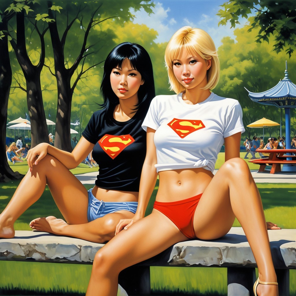 Young Women in Superman Shirts at a Park Setting