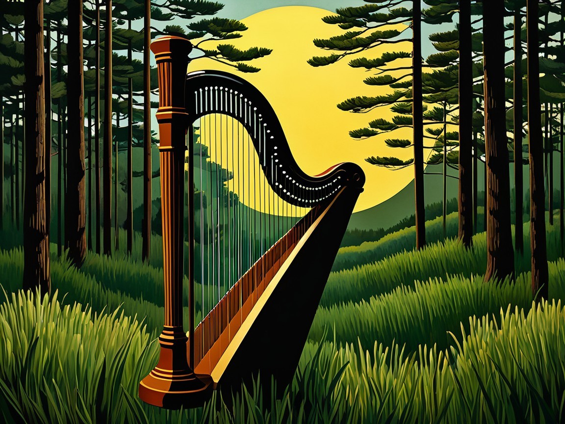 Stylized Harp in a Lush Forest at Sunrise