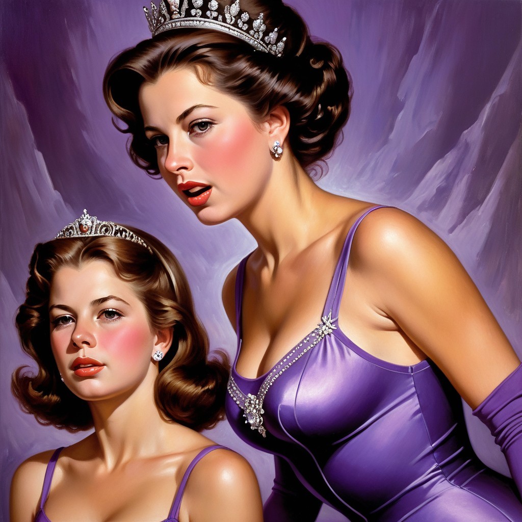Elegant Women in Matching Purple Dresses and Tiaras