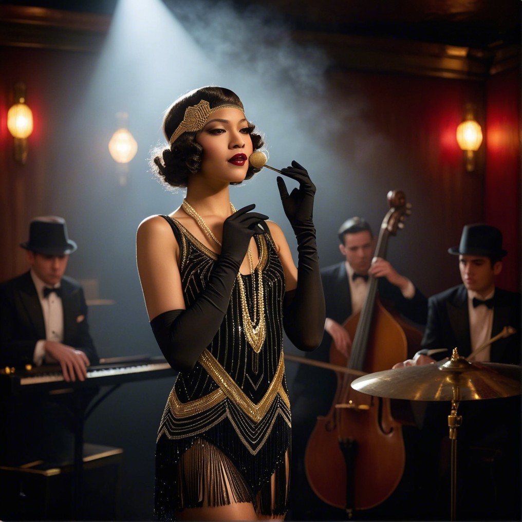 Glamorous Woman in Flapper Dress with Jazz Band