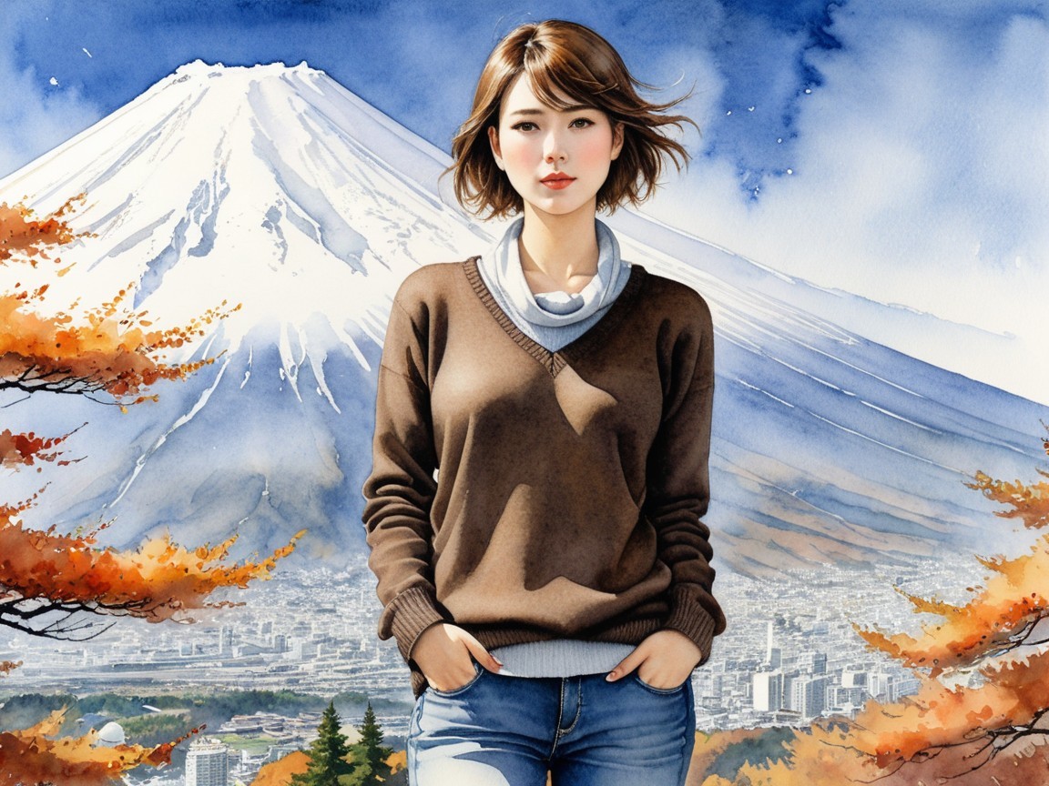 Watercolor of a woman by Mount Fuji in autumn
