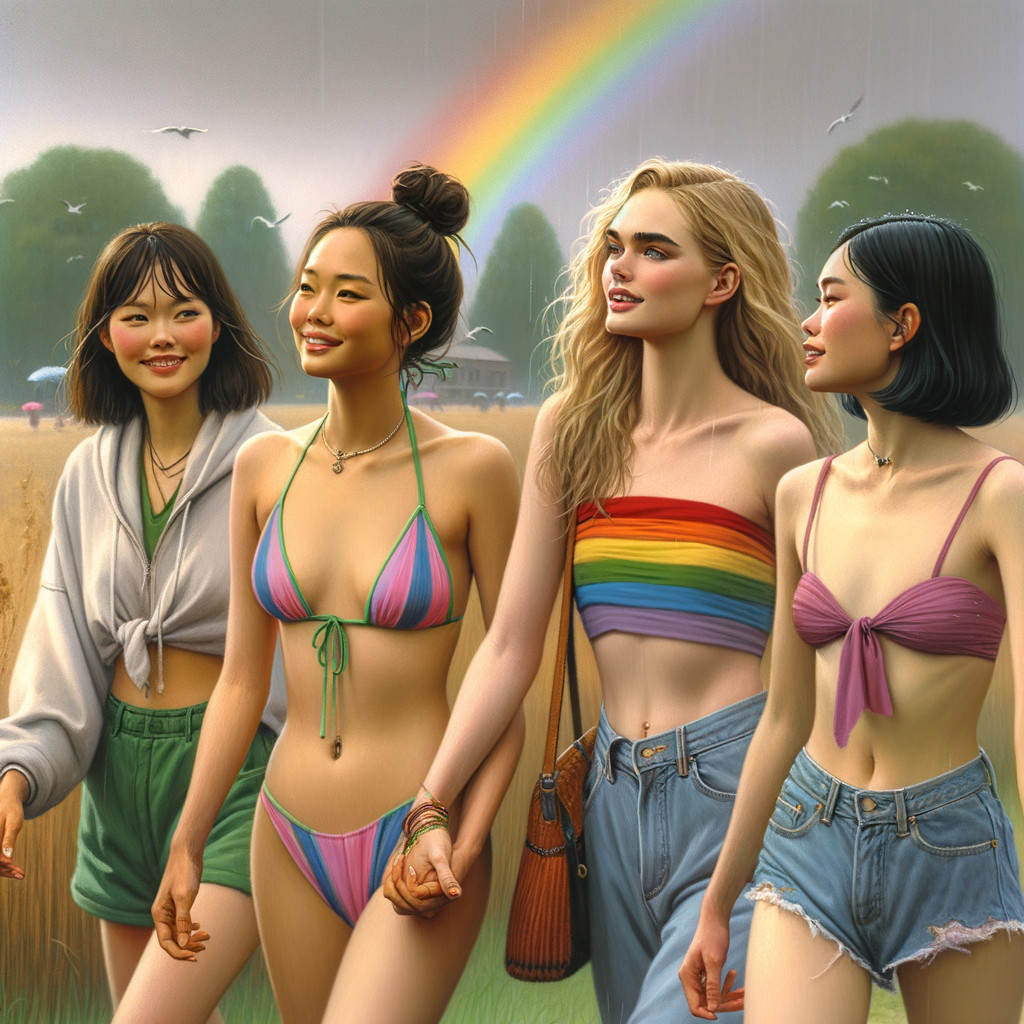Friends in Colorful Outfits Under a Rainbow in Field