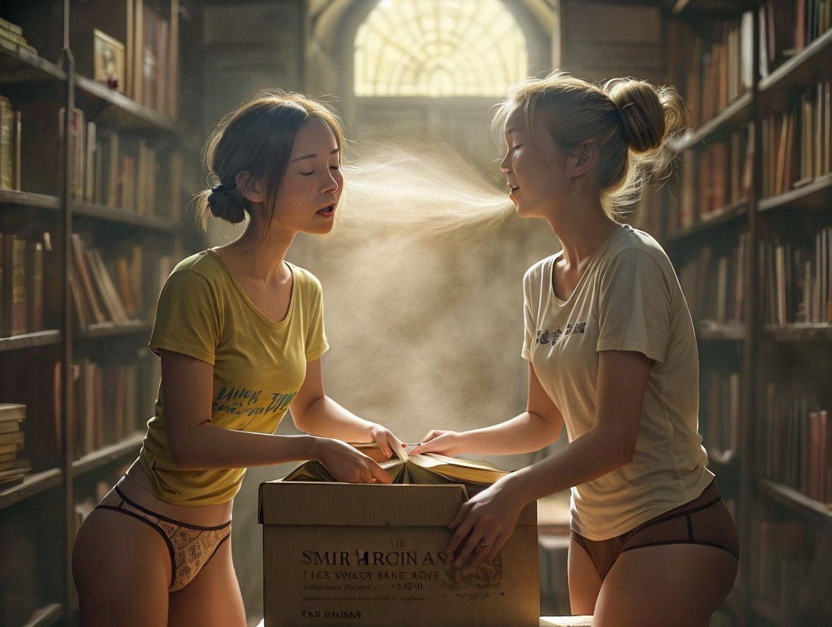 Young women exploring a library in a warm atmosphere