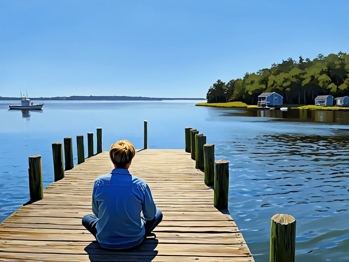 Serene Dock Scene with Calm Waters and Lush Trees