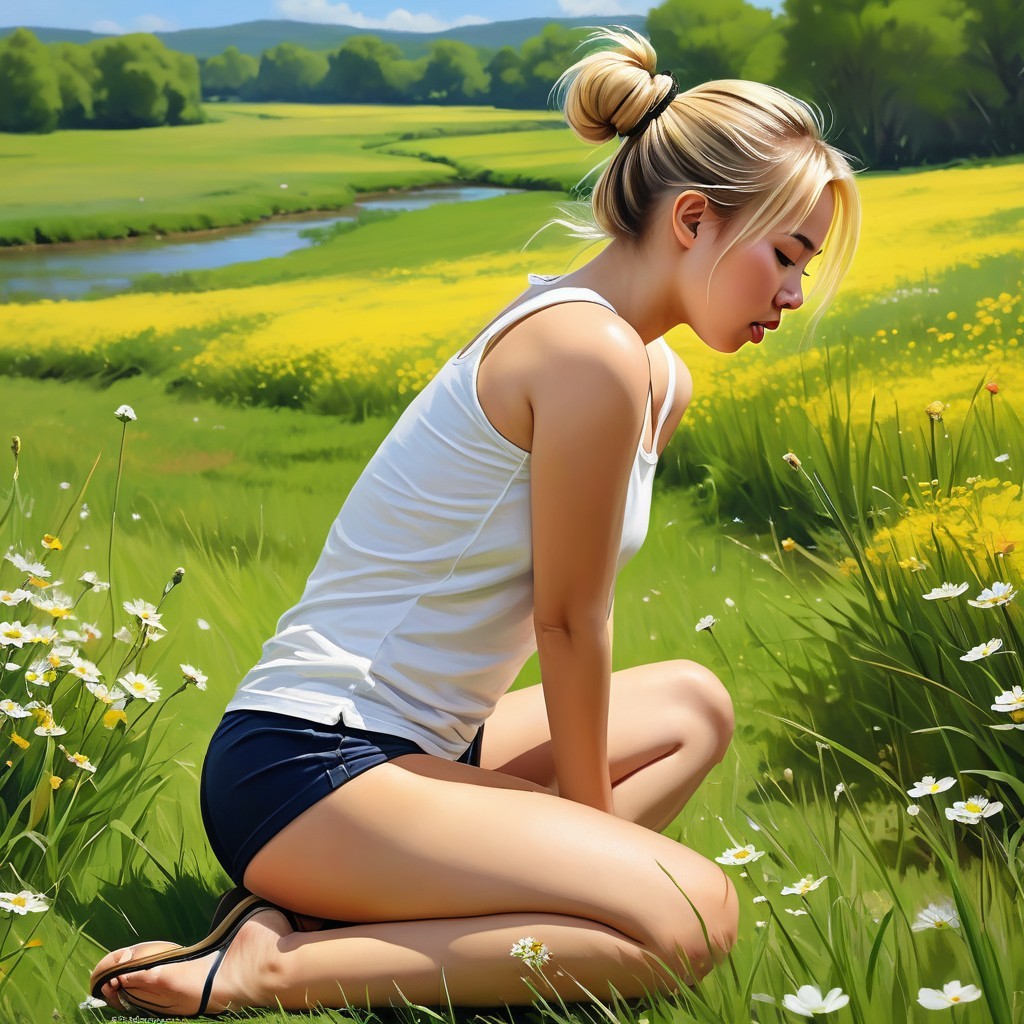 Young Woman in Field Surrounded by Flowers and Hills