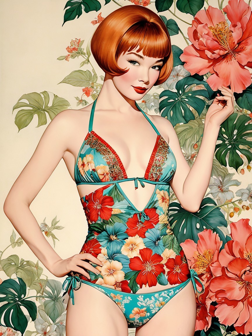 Retro Swimsuit Model with Floral Backdrop