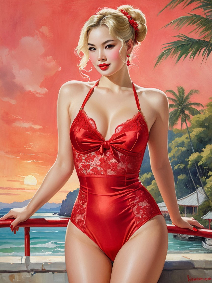 Glamorous Figure in Red Swimsuit by Seaside Sunset