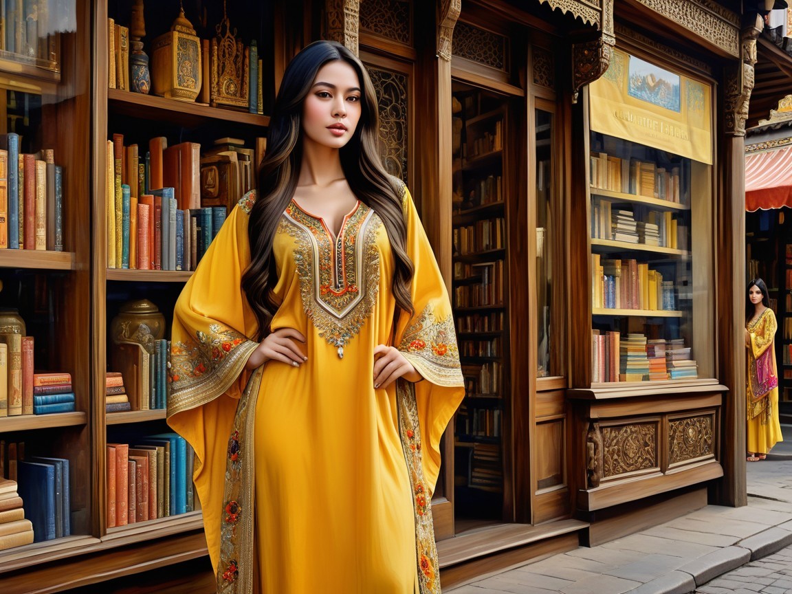 Young Woman in Yellow Outfit at Charming Bookstore