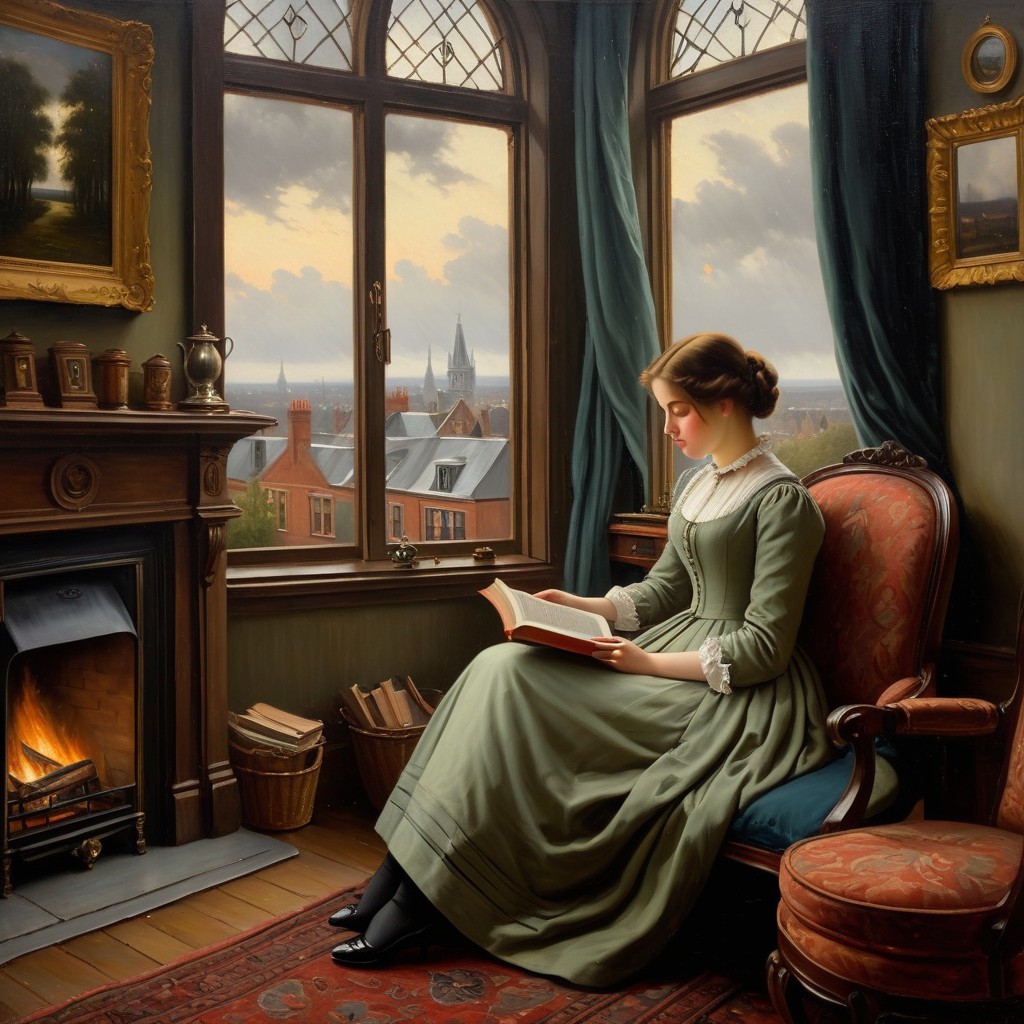 Woman in Green Dress Reading by a Window with City View