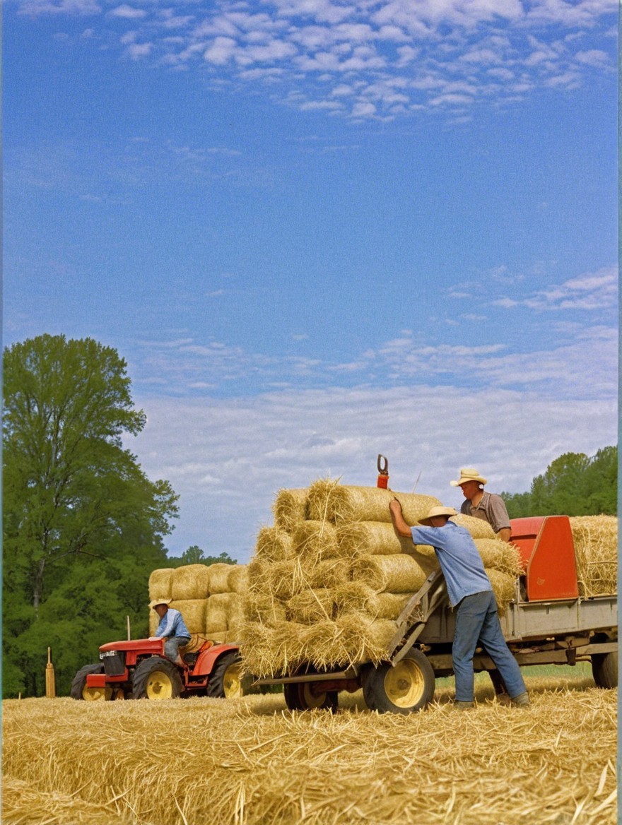Farmers Loading Hay on Tractor-Trailer in Rural Setting