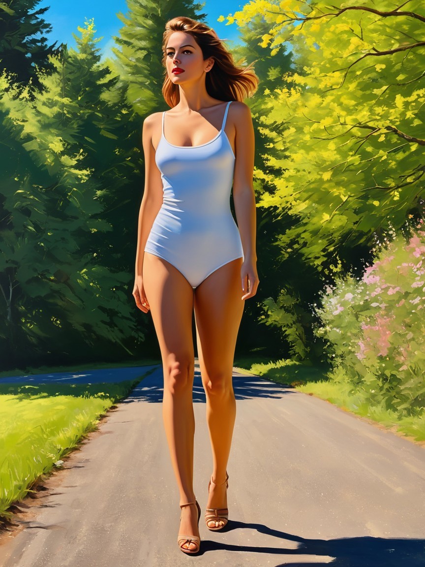 Tall figure in white swimsuit on sunlit path