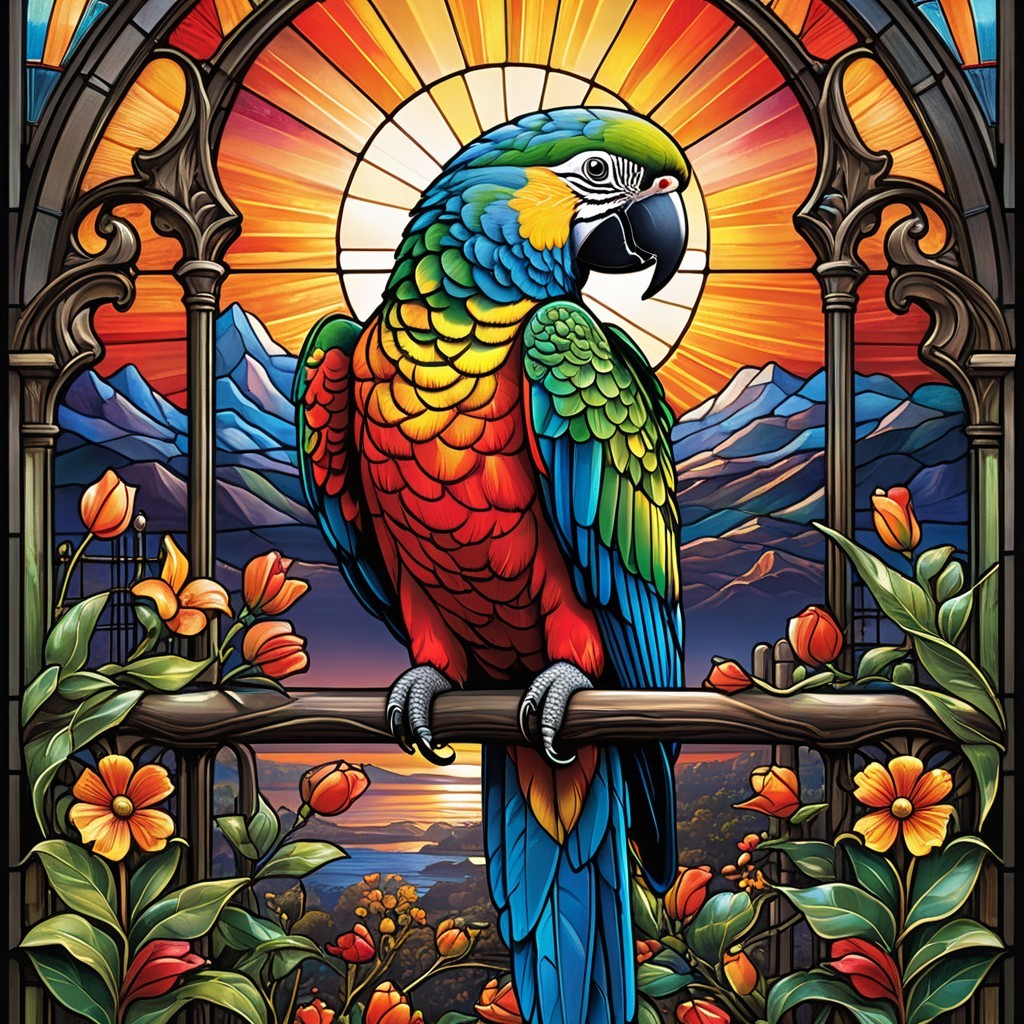 Vibrant Stained Glass Parrot with Sunset Background