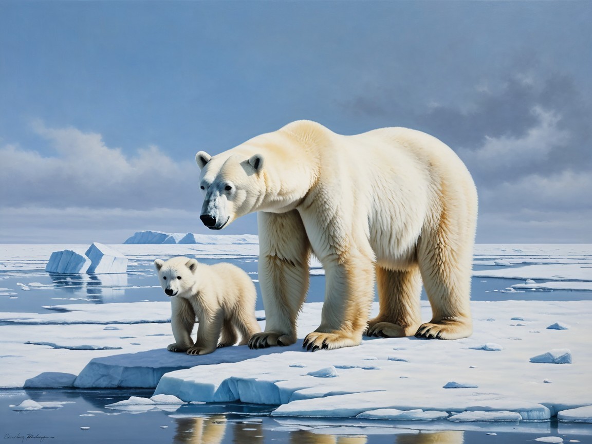 Mother Polar Bear and Cub on Melting Arctic Ice