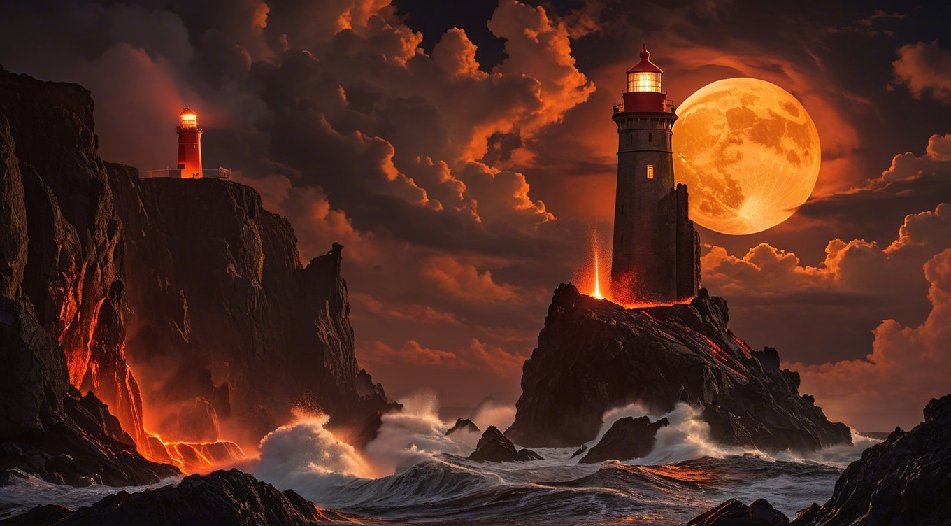 Hyperrealistic Digital Painting of Lighthouses at Night