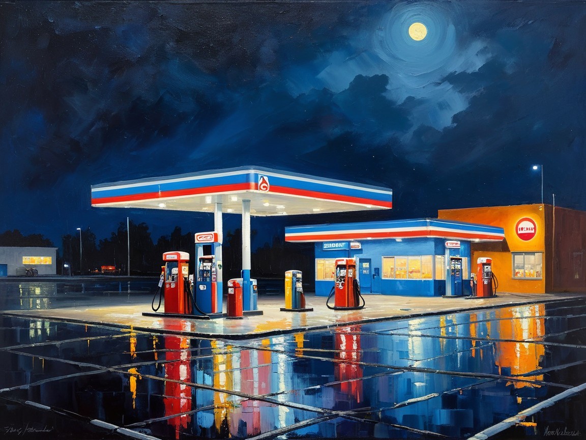 Vibrant Night Scene of a Gas Station with Reflections