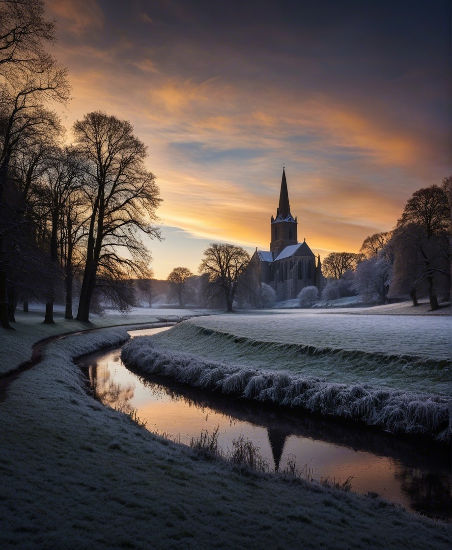 Serene Winter Landscape with Church and Frosted Trees