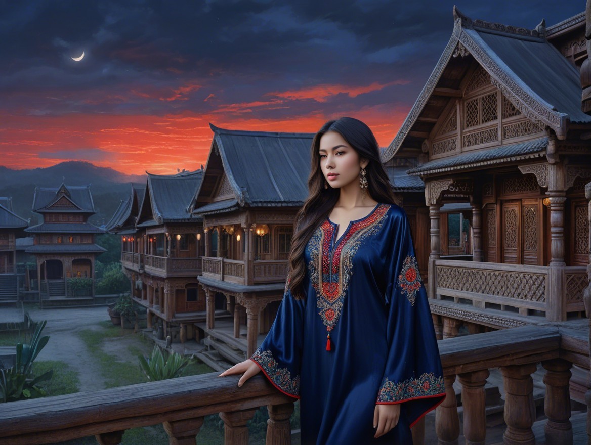 Young Woman in Traditional Attire at Sunset Over Village
